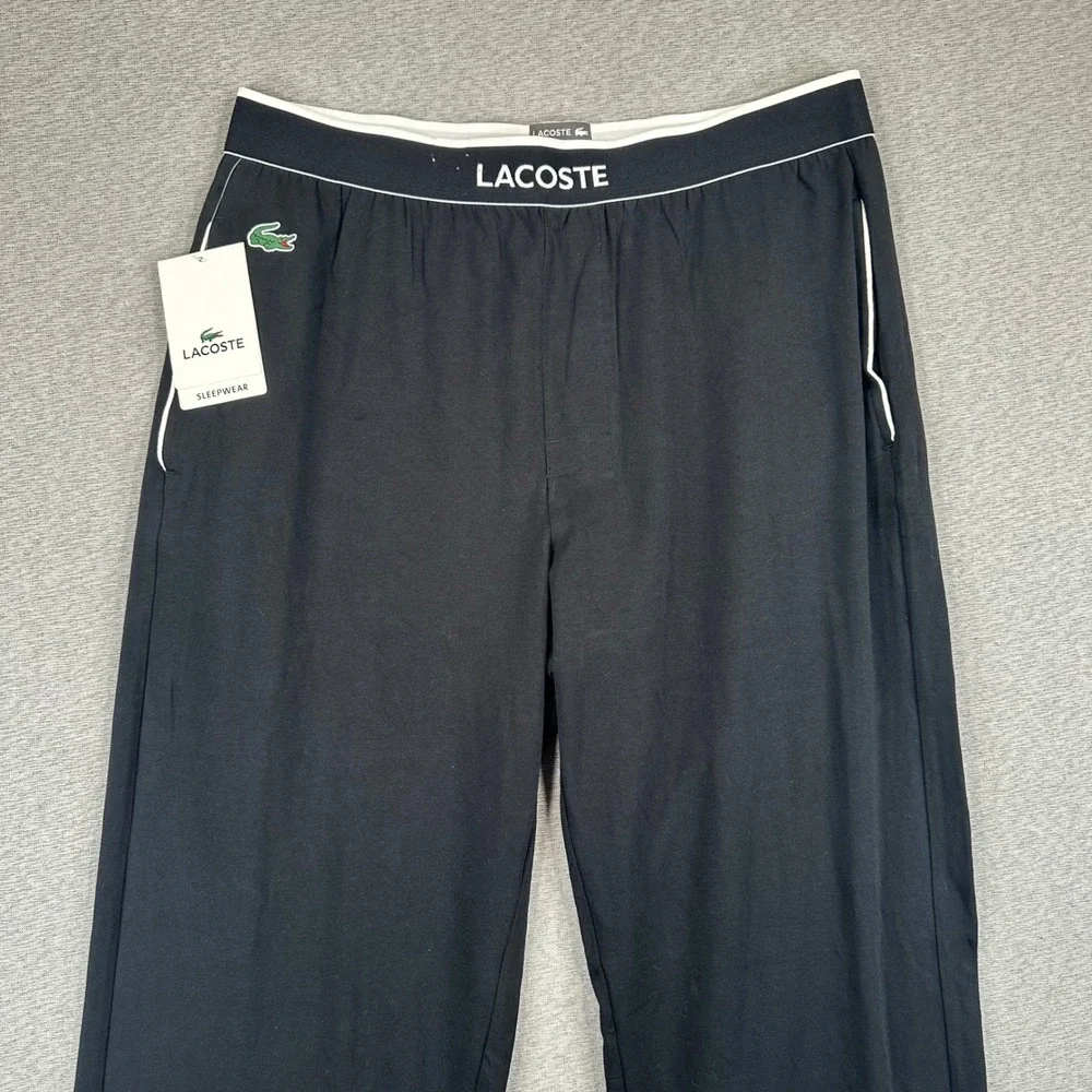 NEW Lacoste Sleepwear Pajama Pants Mens L Black Logo Waistband Straight Leg